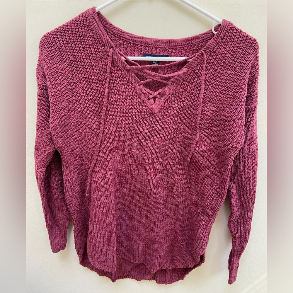 American Eagle Maroon Lace Up Sweater; XS